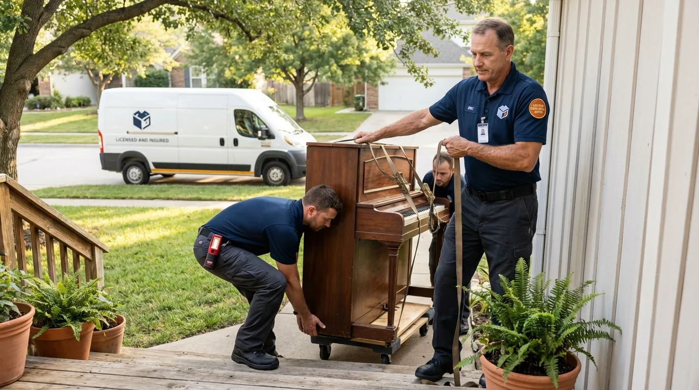 Licensed piano movers securing grand piano in Alcoa, TN