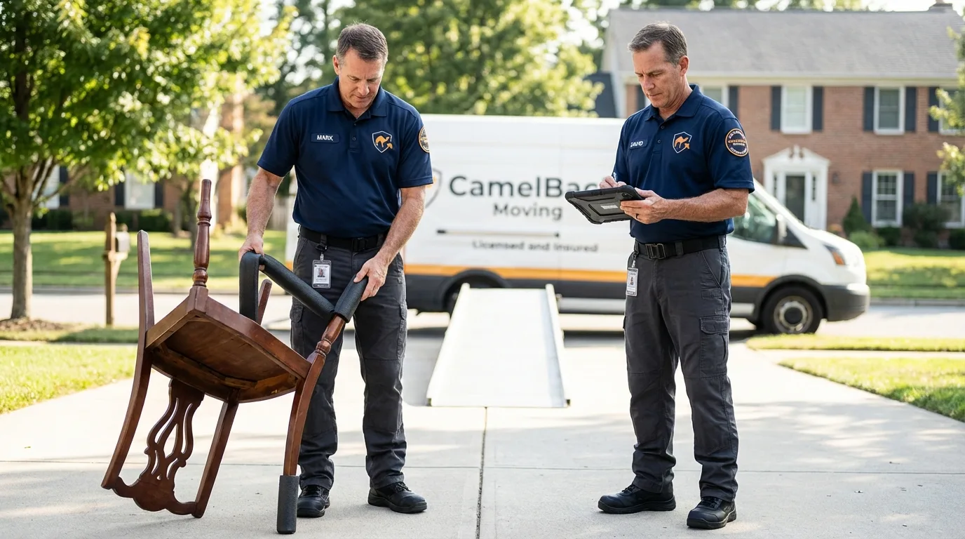 Movers inspecting furniture for damage prevention before loading in Alcoa, TN
