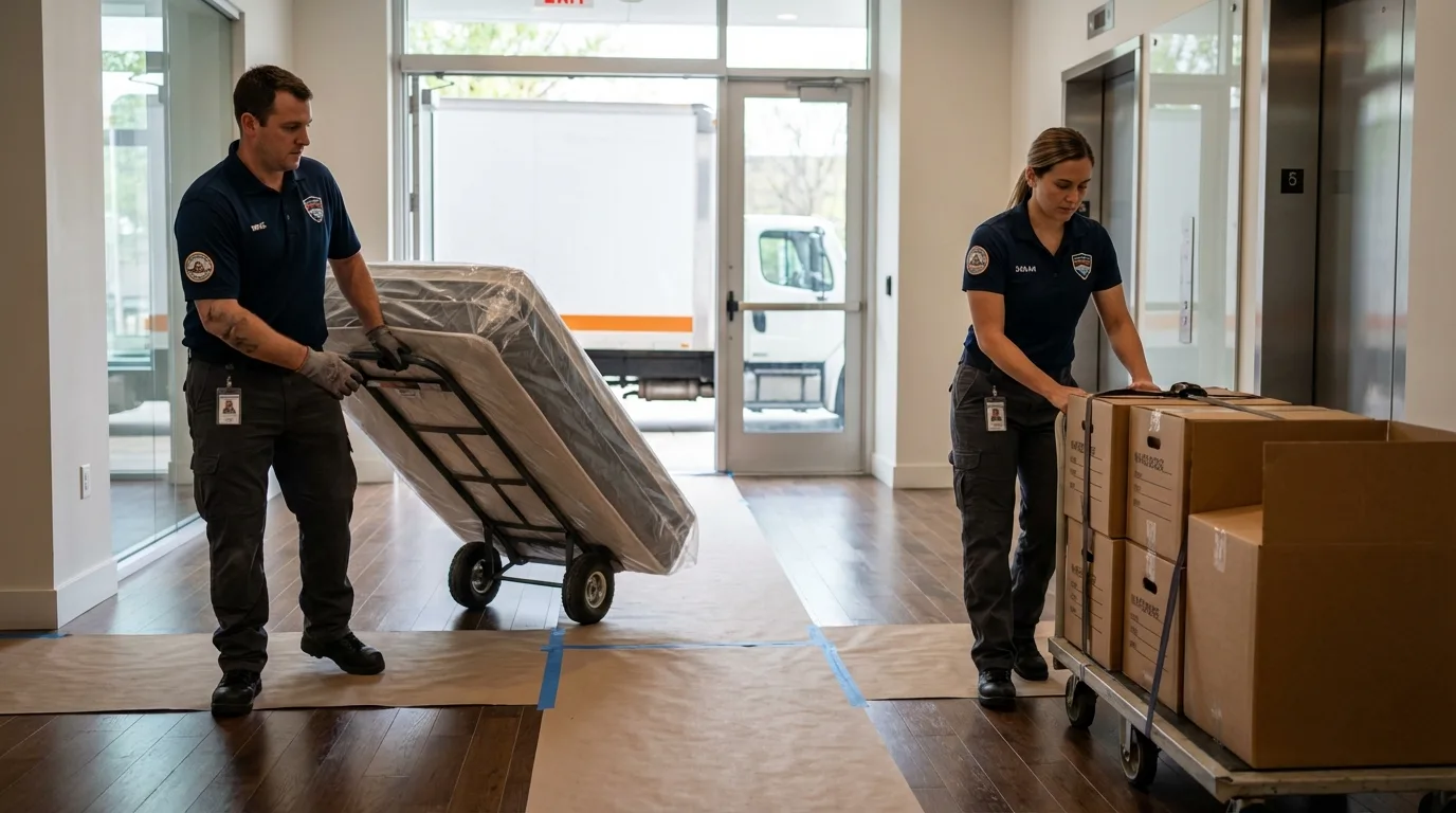 Professional apartment movers loading elevator in Alcoa, TN